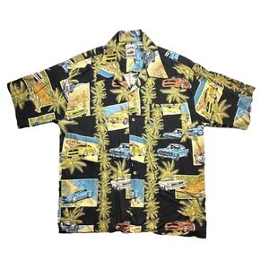 Vintage Island Collection Shirt Mens Large Black Car Print Hawaiian Aloha 90s